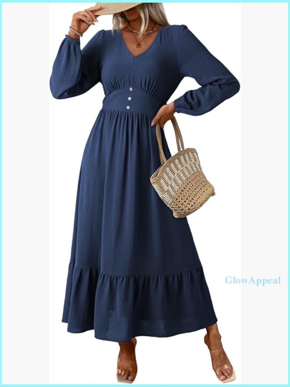 Long Sleeve V-Neck Maxi Dress Flowy Tiered Boho Casual Elegant